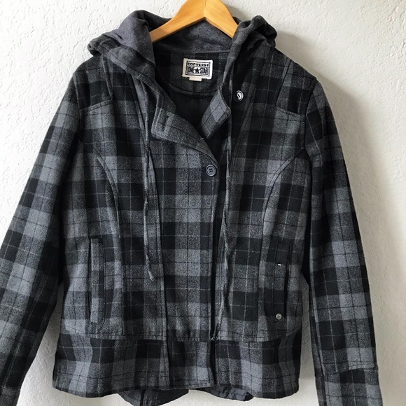 Converse Jackets & Blazers - CONVERSE One Star Gray Plaid Peacoat Hooded Jacket